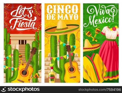 Mexican holiday of Cinco de Mayo fiesta vector banners. Mexico sombrero hats, maracas and cactuses, mariachi guitars and national costumes, aztec pyramid, bunting garlands and festive fireworks. Mexican holiday Cinco de Mayo fiesta banners