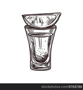 Mexican holiday tequila, Mexico fiesta party symbol, vector sketch. Cinco de Mayo or 5 May fiesta party and Mexican traditional tequila shot with lemon lime in hand drawn sketch. Tequila and lime sketch, Mexican Cinco de Mayo