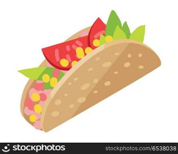 Mexican Hotdog Isolated on White. Sonoran Hot Dog.. Mexican hotdog isolated on white. Sonoran Hot Dog. Hot dog wrapped bacon, cooked on a grill, topped with beans, grilled onions, tomatoes, mayonnaise, cream sauce, mustard served on bread. Vector