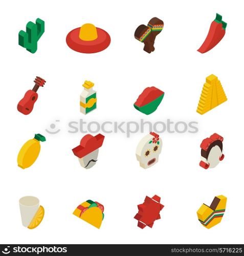 Mexican icons isometric set with cactus lemon mask taco isolated vector illustration