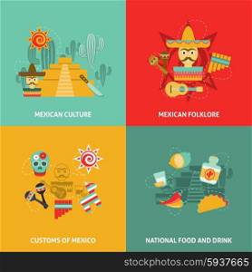 Mexican Icons Set. Mexican icons set with culture customs folklore and food symbols flat isolated vector illustration
