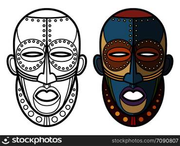 Mexican indian aztec masks coloring page of set isolated on white. Vector illustration. Mexican indian aztec masks coloring page