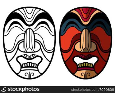 Mexican indian aztec traditional masks isolated on white background. African mask coloring page. Vector illustration. Mexican indian aztec traditional masks