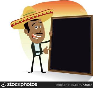 Mexican Menu. Illustration of a cartoon mexican cook showing the list of today's menu. Tequila, tacos, enchiladas, tortillas and hot spicy sausage food !