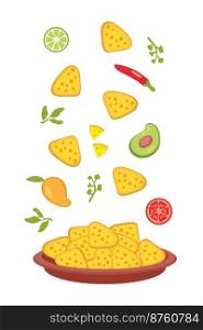 Mexican nachos and ingredients for the sauce fall into the plate. Perfect for tee, poster, menu and print. Vector illustration for decor and design. 