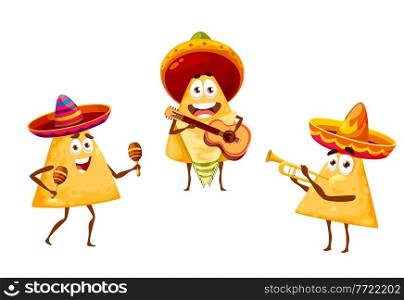 Mexican nachos chips as mariachi musicians in sombreros, vector Mexico fiesta cartoon food characters. Nachos chips in sombreros play music with maracas, guitar and trumpet, traditional Mexican party. Mexican nachos chips mariachi musician in sombrero