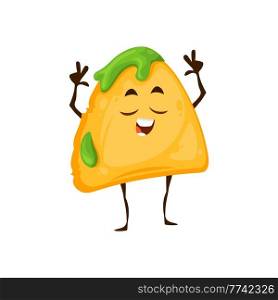 Mexican nachos chips character, cartoon vector tex mex food. Happy funny chips piece in guacamole sauce sing and show victory gesture. Mexico meal character isolated on white. Mexican nachos chips character, cartoon tex mex