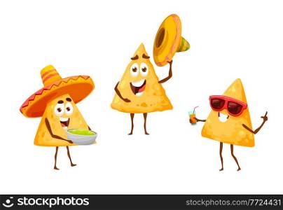 Mexican nachos chips on leisure fiesta in sombreros, vector Mexico cartoon food characters. Nachos chips on summer vacations in sombreros with guacamole, drinking cocktail, traditional Mexican party. Mexican nachos chips on leisure fiesta in sombrero