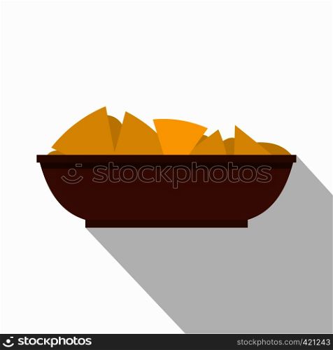 Mexican nachos in brown bowl icon. Flat illustration of Mexican nachos in brown bowl vector icon for web isolated on white background. Mexican nachos in brown bowl icon, flat style