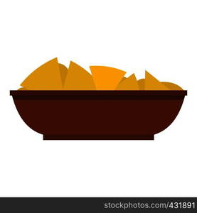 Mexican nachos in brown bowl icon flat isolated on white background vector illustration. Mexican nachos in brown bowl icon isolated