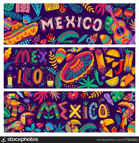 Mexican national sombrero and food, toucan, flowers, guitar and papel picado flags. Vector banners with ethnic Mexican ornament background of flowers, leaves, birds and jalapeno pepper. Mexican sombrero, food, toucan, flowers and guitar