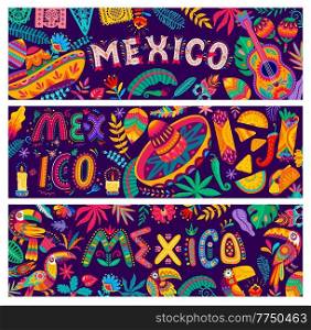 Mexican national sombrero and food, toucan, flowers, guitar and papel picado flags. Vector banners with ethnic Mexican ornament background of flowers, leaves, birds and jalapeno pepper. Mexican sombrero, food, toucan, flowers and guitar