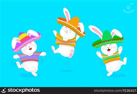 Mexican rabbit character set in vivid pocho and sombrero. Cute cartoon dancing. Vector illustration isolated on blue background.