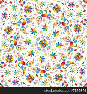 Mexican rainbow seamless pattern with Birds and flowers. Colorful and ornate ethnic pattern. Floral background with bright ethnic ornament.. Mexican rainbow seamless pattern