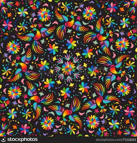 Mexican rainbow seamless pattern with Birds and flowers. Colorful and ornate ethnic pattern. Floral background with dark ethnic ornament.. Mexican embroidery seamless pattern