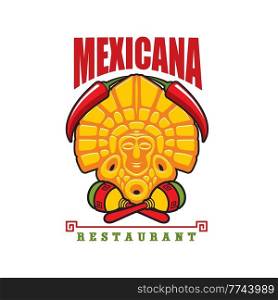 Mexican restaurant icon, vector emblem with jalapeno red chili peppers, Aztec gold mask and maracas. Cartoon traditional symbols of Mexico, isolated design element for Latin cafe menu or signboard. Mexican restaurant icon, cafe vector emblem