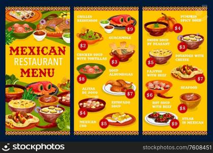 Mexican restaurant menu vector template with vegetable, meat and fish dishes. Beef fajitas, guacamole sauce and stuffed peppers, chicken wings, seafood salad, steak and estofado stew, soups, tortillas. Menu template of Mexican cuisine restaurant