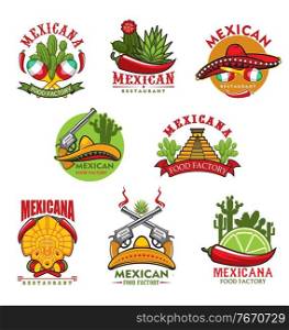 Mexican restaurant vector icons, cartoon emblems with traditional symbols of Mexico. Cacti, jalapeno chili peppers and sombrero, aztec idol and pyramis, steaming guns, lime slice and maracas signs set. Mexican restaurant vector icons, cartoon emblems