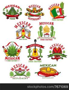 Mexican restaurant vector icons, cartoon emblems with traditional symbols of Mexico. Cacti, jalapeno chili peppers and sombrero, guitar, aztec pyramid, poncho and guns, lime, agave and maracas set. Mexican restaurant vector icons, cartoon emblems