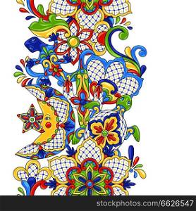 Mexican seamless pattern. Traditional decorative objects. Talavera ornamental ceramic. Ethnic folk ornament.. Mexican seamless pattern.