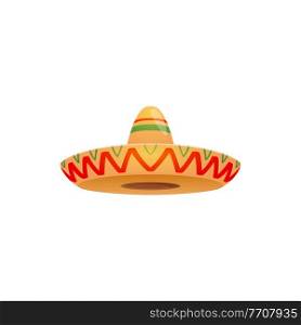 Mexican sombrero hat, festive cap vector icon. Spanish headwear for Mexico cinco de mayo festival. Isolated cartoon traditional costume straw headdress for celebration with zigzag ornament. Mexican sombrero hat, straw headdress vector icon