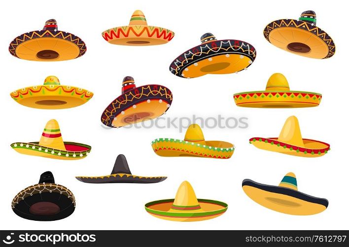 Mexican sombrero hat isolated objects of vector fiesta party and Cinco de Mayo holiday design. Mariachi musician or charro cowboy cartoon sombrero hats, decorated with ethnic ornaments, ball fringes. Mexican sombrero hat isolated objects