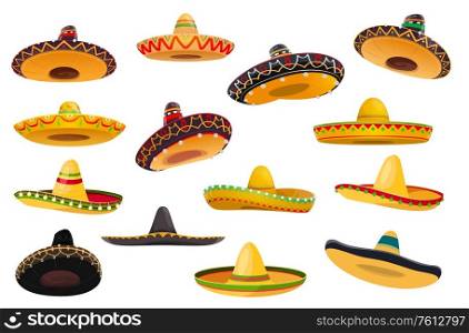 Mexican sombrero hat isolated objects of vector fiesta party and Cinco de Mayo holiday design. Mariachi musician or charro cowboy cartoon sombrero hats, decorated with ethnic ornaments, ball fringes. Mexican sombrero hat isolated objects