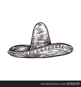 Mexican sombrero hat, Mexico holiday fiesta hat, vector hand drawn sketch. Cinco de Mayo or 5 May celebration, traditional Mexican sombrero hat with sketch ornament. Sombrero, Mexican Cinco de Mayo fiesta hat, sketch