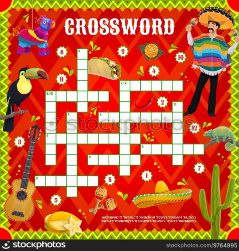 Mexican sombrero, pinata, musician, toucan and guitar, tacos and chameleon. Crossword grid worksheet. Find a word quiz game, children logical puzzle or intellectual game with word searching task. Mexican culture, nature crossword worksheet game