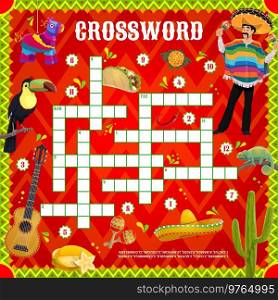 Mexican sombrero, pinata, musician, toucan and guitar, tacos and chameleon. Crossword grid worksheet. Find a word quiz game, children logical puzzle or intellectual game with word searching task. Mexican culture, nature crossword worksheet game