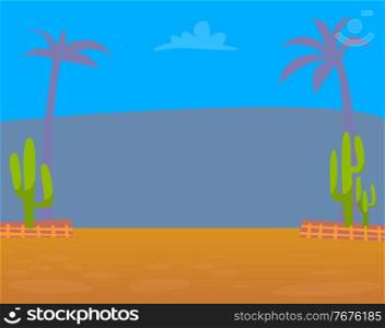 Mexican space with palm-tree and cactus for restaurant building. Place outdoor for cafe with terrace and shadow of mountain and tree. Exterior view of ground and cloudy sky in summer time vector. Space with Plants and Mountain, Restaurant Vector