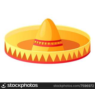 Mexican straw hat, accessory or headdress, sombrero vector. Party or festival celebration, Mexico symbol, fiesta or Cinco de Mayo, costume element. Sombrero Mexican Hat, Symbolic Headdress