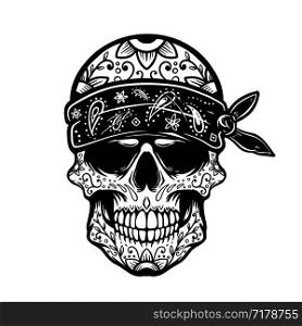 Mexican sugar skull in bandana. Design element for poster, t shirt, card, banner. Vector illustration