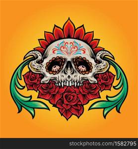 Mexican Sugar Skull Muertos with Flowers Illustrations for clothing line merchandise and poster advertising party culture