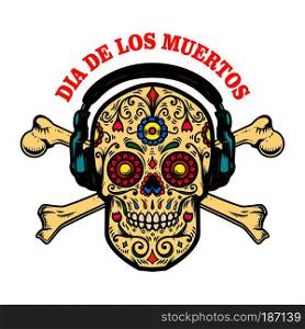 mexican sugar skull with headphones and crossbones. DAY OF THE DEAD. Design element for poster, greeting card, banner, t shirt, flyer, emblem. Vector illustration