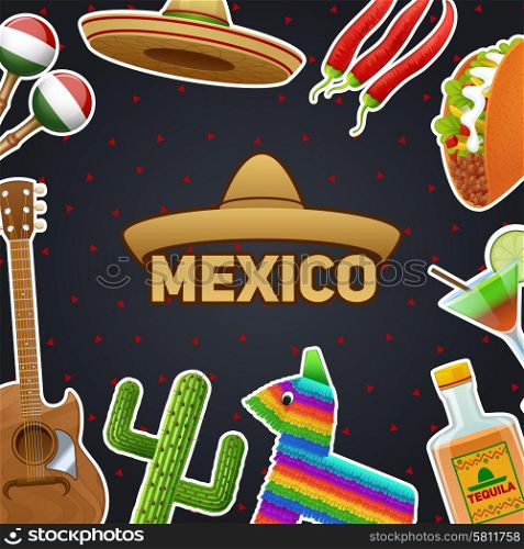Mexican symbols and sombrero chili taco tequila poster vector illustration. Mexican Symbols Illustration