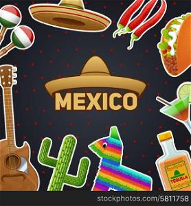 Mexican symbols and sombrero chili taco tequila poster vector illustration. Mexican Symbols Illustration