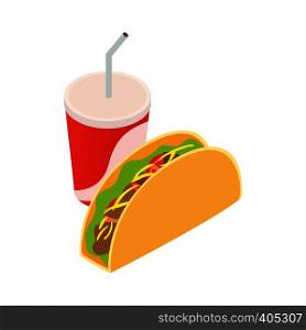 Mexican taco and soda cup isometric 3d icon . Mexican taco and soda cup