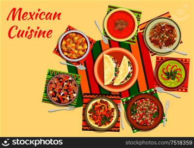 Mexican taco salad icon served in the center of a table with tomato soup, beef fajitas, bean stew chilli con carne, chilled avocado soup, chicken stew with tomato sauce, meat and pepper salad, beef tongue with vegetables. Flat style. Colorful festive dishes of mexican cuisine symbol