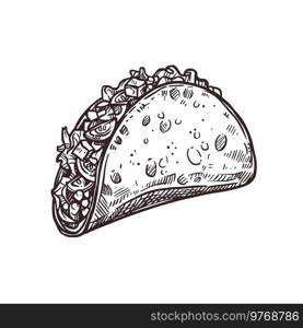 Mexican taco, traditional Mexico holiday fiesta food, vector sketch. Cinco de Mayo or 5 May fiesta symbol of Mexican tacos in hand drawn sketch. Mexican taco sketch, Cinco de Mayo holiday food