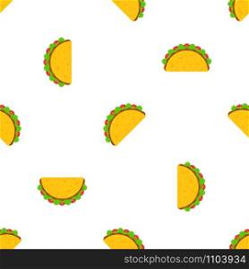 Mexican taco tuesday festival seamless pattern. Delicious fastfood yellow tacos with beef and chicken, green salad and red tomato on white background for cafe party, restaurant season offer design. Mexican taco tuesday festival seamless pattern