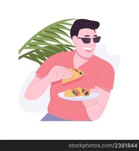 Mexican tacos isolated cartoon vector illustrations. Smiling man eating tacos, Mexican traditional dish, fast food addiction, people lifestyle, street food restaurant vector cartoon.. Mexican tacos isolated cartoon vector illustrations.