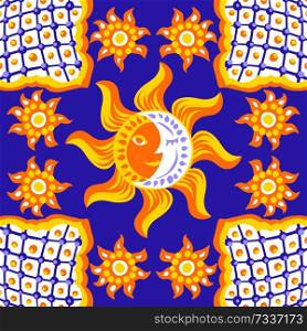 Mexican talavera ceramic tile pattern. Cute naive sun and moon. Ethnic folk ornament.. Mexican talavera ceramic tile pattern.