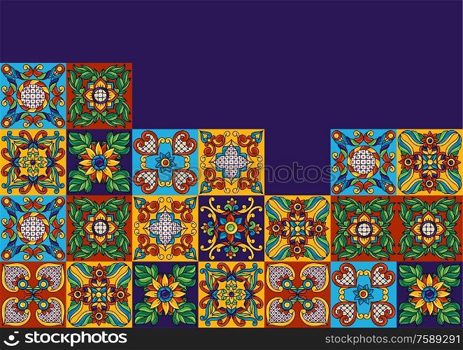 Mexican talavera ceramic tile pattern. Decoration with ornamental flowers. Traditional decorative objects. Ethnic folk ornament.. Mexican talavera ceramic tile pattern. Decoration with ornamental flowers.