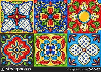 Mexican talavera ceramic tile pattern. Ethnic folk ornament. Italian pottery, portuguese azulejo or spanish majolica.. Mexican talavera ceramic tile pattern.