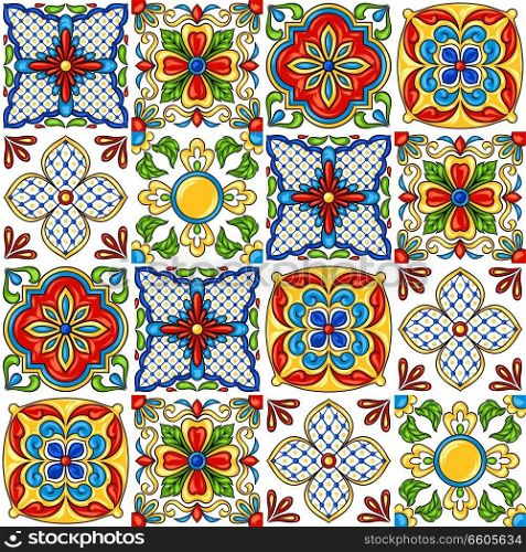 Mexican talavera ceramic tile pattern. Ethnic folk ornament. Italian pottery, portuguese azulejo or spanish majolica.. Mexican talavera ceramic tile pattern.