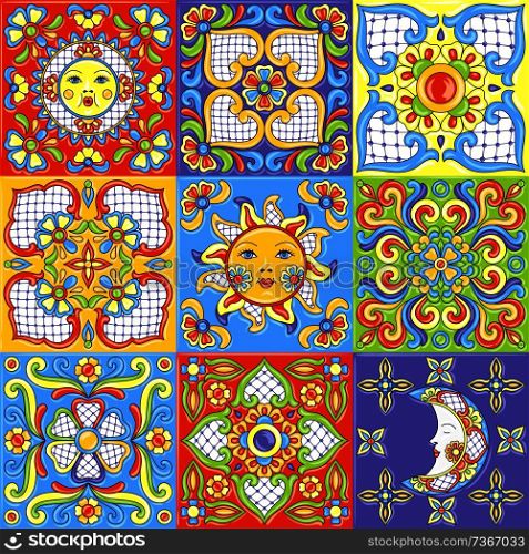 Mexican talavera ceramic tile pattern. Traditional decorative objects. Ethnic folk ornament. Decoration with ornamental flowers.. Mexican talavera ceramic tile pattern.