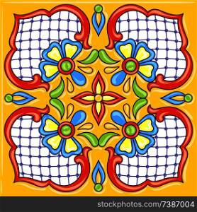 Mexican talavera ceramic tile pattern. Traditional decorative objects. Ethnic folk ornament. Decoration with ornamental flowers.. Mexican talavera ceramic tile pattern.