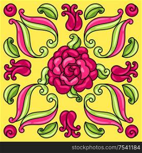 Mexican talavera ceramic tile pattern with flowers. Beautiful decorative buds and leaves. Traditional ethnic folk ornament.. Mexican talavera ceramic tile pattern with flowers.