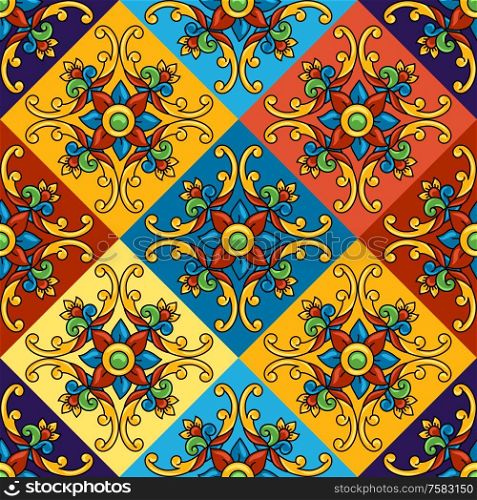 Mexican talavera ceramic tile seamless pattern. Decoration with ornamental flowers. Traditional decorative objects. Ethnic folk ornament.. Mexican talavera ceramic tile seamless pattern. Decoration with ornamental flowers.
